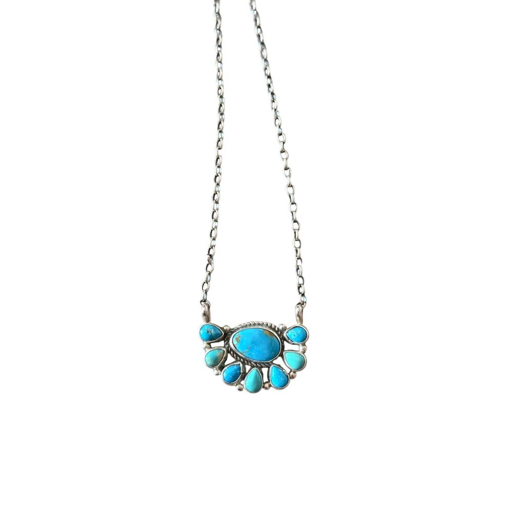 Native SS Kingman Turquoise Half Cluster Necklace stamped signed